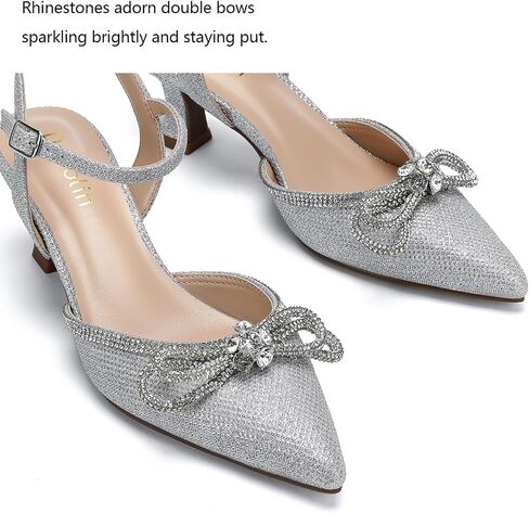 Wide Width Kitten Heels for Women Rhinestone Bow Pointed Closed Toe Pumps Ankle Strap Wedding Bridal Party Dress Shoes in Saudi Arabia