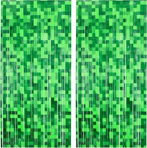 2 Pcs Green Pixel Miner Foil Fringe Curtains | Door Streamers, Photo Booth Backdrop, Video Game Party Decorations, 3.28x6.56 Feet in Kuwait