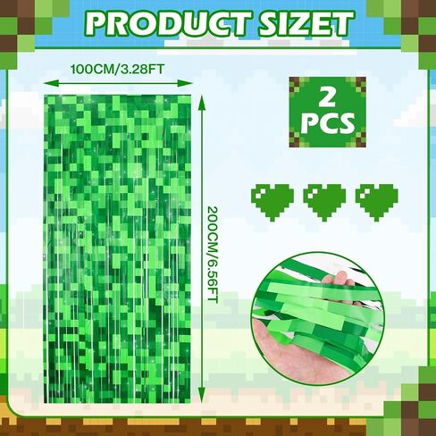 2 Pcs Green Pixel Miner Foil Fringe Curtains | Door Streamers, Photo Booth Backdrop, Video Game Party Decorations, 3.28x6.56 Feet in Kuwait