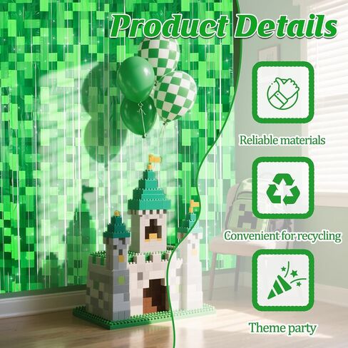 2 Pcs Green Pixel Miner Foil Fringe Curtains | Door Streamers, Photo Booth Backdrop, Video Game Party Decorations, 3.28x6.56 Feet in Kuwait