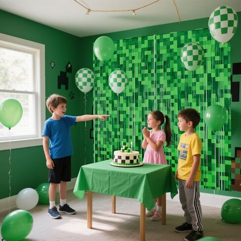 2 Pcs Green Pixel Miner Foil Fringe Curtains | Door Streamers, Photo Booth Backdrop, Video Game Party Decorations, 3.28x6.56 Feet in Kuwait