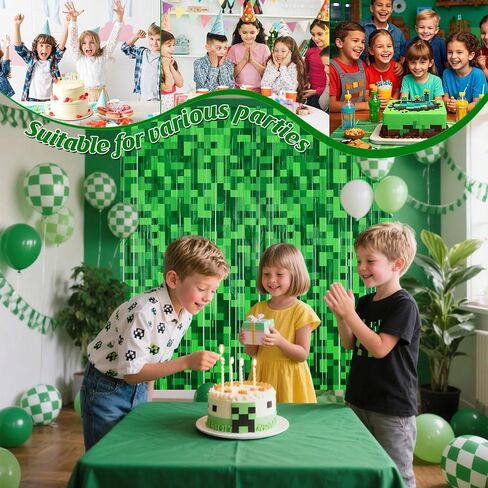 2 Pcs Green Pixel Miner Foil Fringe Curtains | Door Streamers, Photo Booth Backdrop, Video Game Party Decorations, 3.28x6.56 Feet in Kuwait