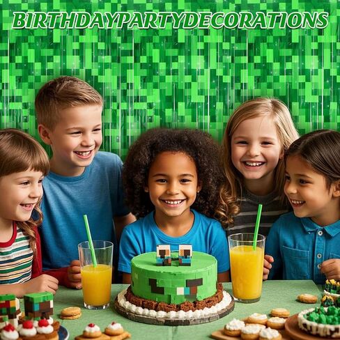 2 Pcs Green Pixel Miner Foil Fringe Curtains | Door Streamers, Photo Booth Backdrop, Video Game Party Decorations, 3.28x6.56 Feet in Kuwait
