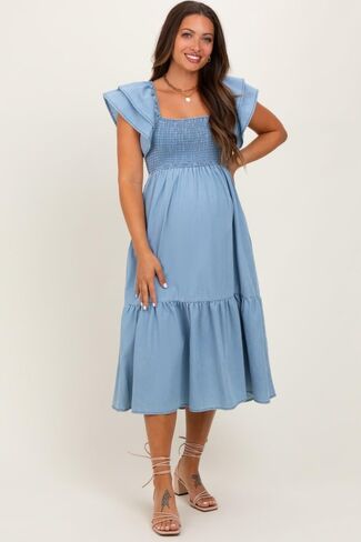 PinkBlush Light Chambray Smocked Flutter Sleeve Maternity Dress in Saudi Arabia