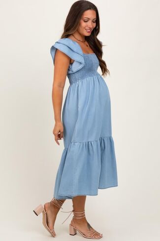 PinkBlush Light Chambray Smocked Flutter Sleeve Maternity Dress in Saudi Arabia