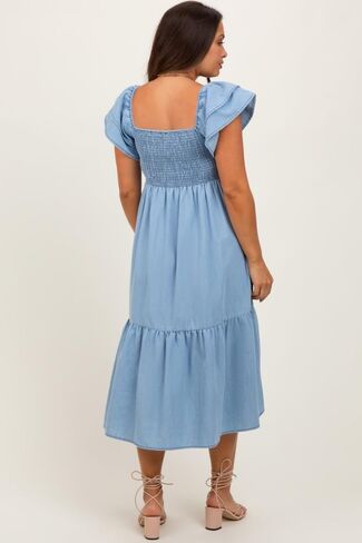 PinkBlush Light Chambray Smocked Flutter Sleeve Maternity Dress in Saudi Arabia