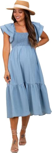 PinkBlush Light Chambray Smocked Flutter Sleeve Maternity Dress in Saudi Arabia