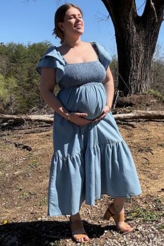 PinkBlush Light Chambray Smocked Flutter Sleeve Maternity Dress in Saudi Arabia
