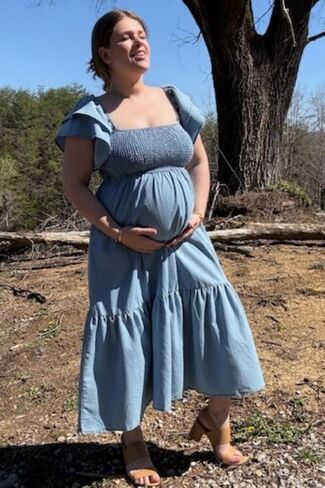PinkBlush Light Chambray Smocked Flutter Sleeve Maternity Dress in Saudi Arabia