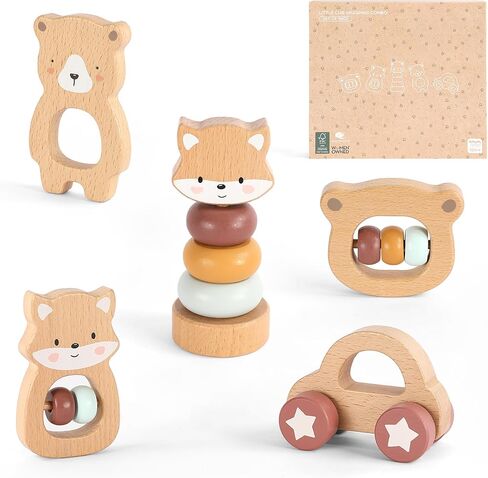 ألعاب Freniland Wooden Montessori ، ألعاب أطفال خشبية من 5 قطع ، حشرجة أطفال خشبية ، خاتم تكديس الثعلب ، ودفع سيارة خشبية وسحب ، ألعاب الدب ، مجموعات هدايا الأطفال حديثي الولادة للبنين والبنات in Kuwait