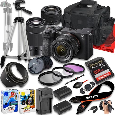 Sony a7C II Mirrorless Camera with FE 28-60mm f/4-5.6 & E 55-210mm f/4.5-6.3 Lens + 128 GB Memory + Extra Battery + Camera Case + Tripod + More (22pc Bundle) in Saudi Arabia