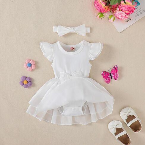 Baby Girls Tutu Dress Infant Ruffle Sleeve Bodysuit Newborn Solid Tulle Skirt Sets Butterfly Headband Romper Outfit in Kuwait
