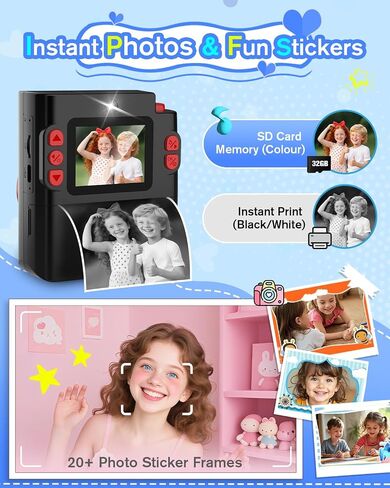 Instant Print Camera for Kids - 1080P HD Toddler Digital Camera for 3 4 5 6 7 8 9 10 Year Old Girls Boys, Christmas Birthday Gift with 32GB SD Card, Selfie Mode, Portable Travel Toy, Fun Filters- Pink in Kuwait