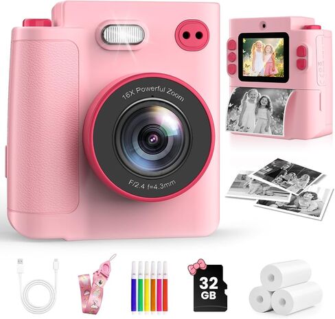 Instant Print Camera for Kids - 1080P HD Toddler Digital Camera for 3 4 5 6 7 8 9 10 Year Old Girls Boys, Christmas Birthday Gift with 32GB SD Card, Selfie Mode, Portable Travel Toy, Fun Filters- Pink in Kuwait