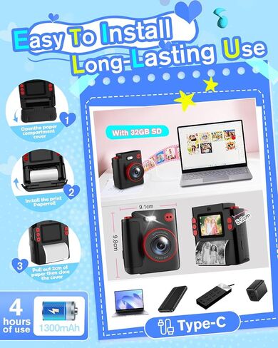 Instant Print Camera for Kids - 1080P HD Toddler Digital Camera for 3 4 5 6 7 8 9 10 Year Old Girls Boys, Christmas Birthday Gift with 32GB SD Card, Selfie Mode, Portable Travel Toy, Fun Filters- Pink in Kuwait