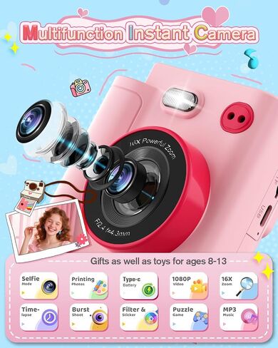 Instant Print Camera for Kids - 1080P HD Toddler Digital Camera for 3 4 5 6 7 8 9 10 Year Old Girls Boys, Christmas Birthday Gift with 32GB SD Card, Selfie Mode, Portable Travel Toy, Fun Filters- Pink in Kuwait