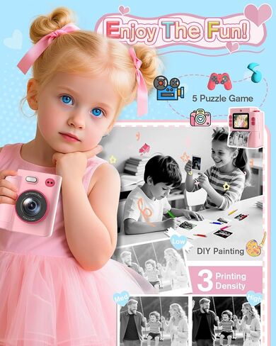 Instant Print Camera for Kids - 1080P HD Toddler Digital Camera for 3 4 5 6 7 8 9 10 Year Old Girls Boys, Christmas Birthday Gift with 32GB SD Card, Selfie Mode, Portable Travel Toy, Fun Filters- Pink in Kuwait
