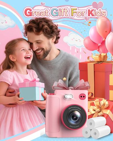Instant Print Camera for Kids - 1080P HD Toddler Digital Camera for 3 4 5 6 7 8 9 10 Year Old Girls Boys, Christmas Birthday Gift with 32GB SD Card, Selfie Mode, Portable Travel Toy, Fun Filters- Pink in Kuwait
