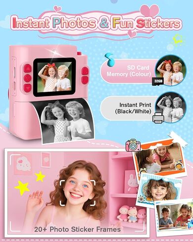 Instant Print Camera for Kids - 1080P HD Toddler Digital Camera for 3 4 5 6 7 8 9 10 Year Old Girls Boys, Christmas Birthday Gift with 32GB SD Card, Selfie Mode, Portable Travel Toy, Fun Filters- Pink in Kuwait