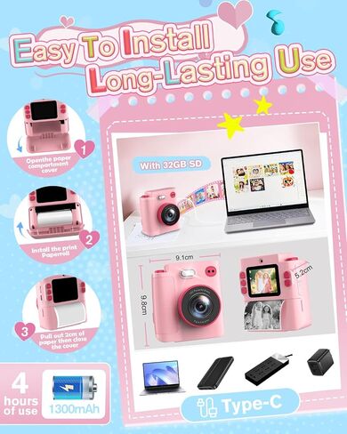 Instant Print Camera for Kids - 1080P HD Toddler Digital Camera for 3 4 5 6 7 8 9 10 Year Old Girls Boys, Christmas Birthday Gift with 32GB SD Card, Selfie Mode, Portable Travel Toy, Fun Filters- Pink in Kuwait