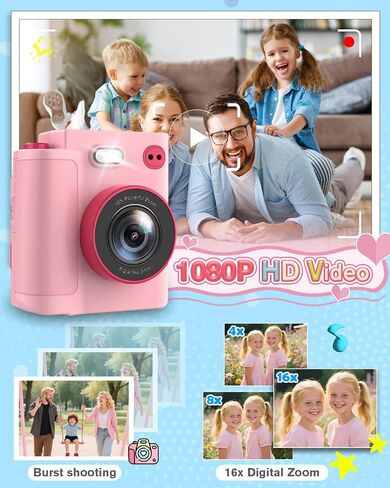 Instant Print Camera for Kids - 1080P HD Toddler Digital Camera for 3 4 5 6 7 8 9 10 Year Old Girls Boys, Christmas Birthday Gift with 32GB SD Card, Selfie Mode, Portable Travel Toy, Fun Filters- Pink in Kuwait