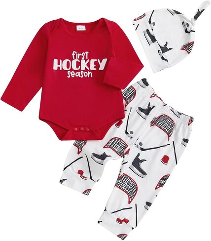 GOOCHEER Newborn Baby Boy Clothes Fall Winter Outfit Ice Hockey Long Sleeve Romper Shirt Tops Pants Hat Set in Saudi Arabia