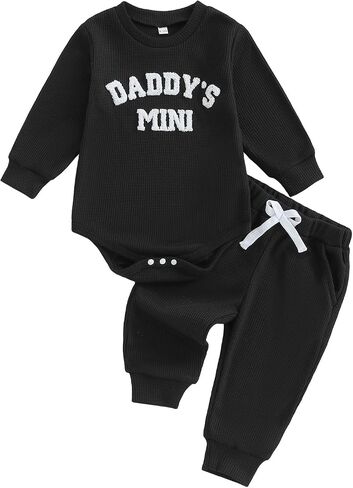 Kupretty Baby Boy Clothes Daddy's Mini Waffle Romper Pant Set | 3 6 12 18 Months Boys Clothing Set Fall Winter Outfit Embroidery Long Sleeve Bodysuit & Matching Joggers Infant Set in Saudi Arabia