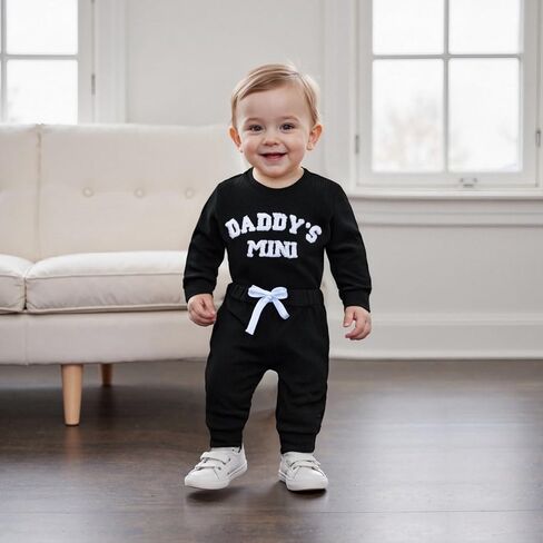 Kupretty Baby Boy Clothes Daddy's Mini Waffle Romper Pant Set | 3 6 12 18 Months Boys Clothing Set Fall Winter Outfit Embroidery Long Sleeve Bodysuit & Matching Joggers Infant Set in Saudi Arabia