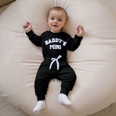 Kupretty Baby Boy Clothes Daddy's Mini Waffle Romper Pant Set | 3 6 12 18 Months Boys Clothing Set Fall Winter Outfit Embroidery Long Sleeve Bodysuit & Matching Joggers Infant Set in Saudi Arabia