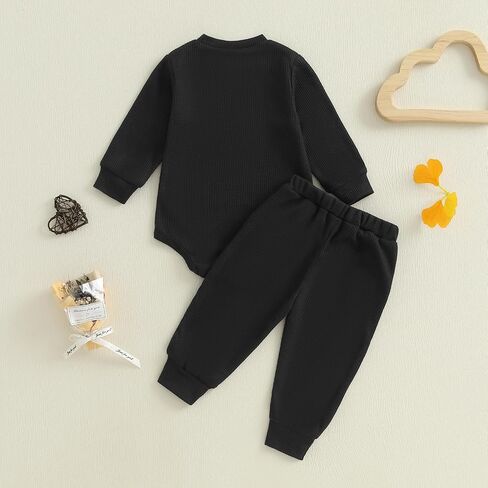 Kupretty Baby Boy Clothes Daddy's Mini Waffle Romper Pant Set | 3 6 12 18 Months Boys Clothing Set Fall Winter Outfit Embroidery Long Sleeve Bodysuit & Matching Joggers Infant Set in Saudi Arabia