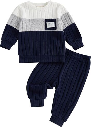 PUHHAPIEY Toddler Baby Boy Fall Winter Outfit Sweatshirt Pant 6 Month-3T | 3 6 12 18 24 Month 2T Boy Clothes, Long Sleeve Color Block Pullover Pants, Contrast Color Clothing for Fall Winter in Saudi Arabia