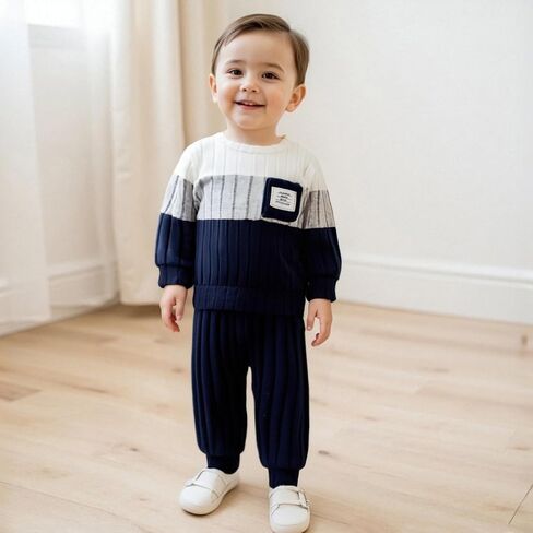 PUHHAPIEY Toddler Baby Boy Fall Winter Outfit Sweatshirt Pant 6 Month-3T | 3 6 12 18 24 Month 2T Boy Clothes, Long Sleeve Color Block Pullover Pants, Contrast Color Clothing for Fall Winter in Saudi Arabia