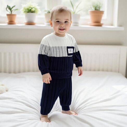 PUHHAPIEY Toddler Baby Boy Fall Winter Outfit Sweatshirt Pant 6 Month-3T | 3 6 12 18 24 Month 2T Boy Clothes, Long Sleeve Color Block Pullover Pants, Contrast Color Clothing for Fall Winter in Saudi Arabia