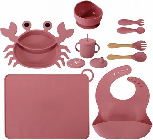 مجموعة فطام من طراز Silicone Baby Feeding مجموعة من 15 قطعة خالية من BPA لمدة 6 أشهر-لوحة شفط الفيل ، وعاء ، شوك ، ملاعق ، مريلة ، كوب ، أغطية ، Teether & More-هدية Kraft Box-REGISTION REGISTY Blue Gray in Kuwait
