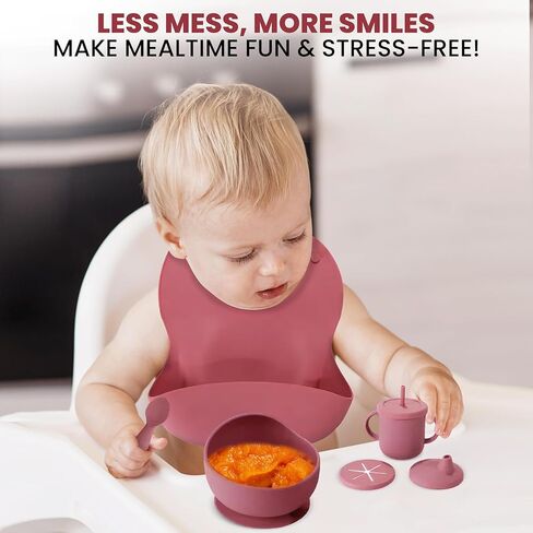 مجموعة فطام من طراز Silicone Baby Feeding مجموعة من 15 قطعة خالية من BPA لمدة 6 أشهر-لوحة شفط الفيل ، وعاء ، شوك ، ملاعق ، مريلة ، كوب ، أغطية ، Teether & More-هدية Kraft Box-REGISTION REGISTY Blue Gray in Kuwait