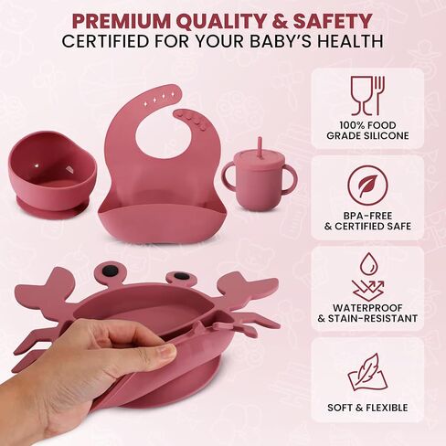 مجموعة فطام من طراز Silicone Baby Feeding مجموعة من 15 قطعة خالية من BPA لمدة 6 أشهر-لوحة شفط الفيل ، وعاء ، شوك ، ملاعق ، مريلة ، كوب ، أغطية ، Teether & More-هدية Kraft Box-REGISTION REGISTY Blue Gray in Kuwait