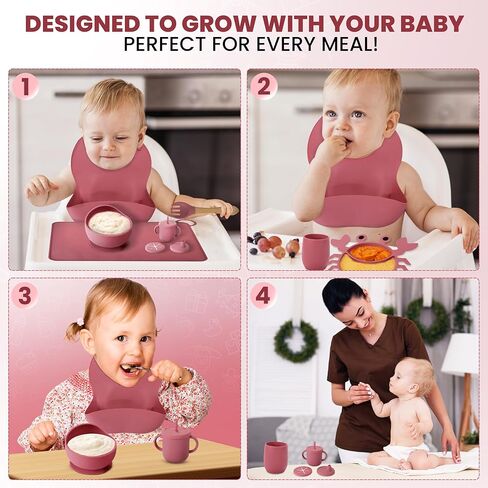 مجموعة فطام من طراز Silicone Baby Feeding مجموعة من 15 قطعة خالية من BPA لمدة 6 أشهر-لوحة شفط الفيل ، وعاء ، شوك ، ملاعق ، مريلة ، كوب ، أغطية ، Teether & More-هدية Kraft Box-REGISTION REGISTY Blue Gray in Kuwait