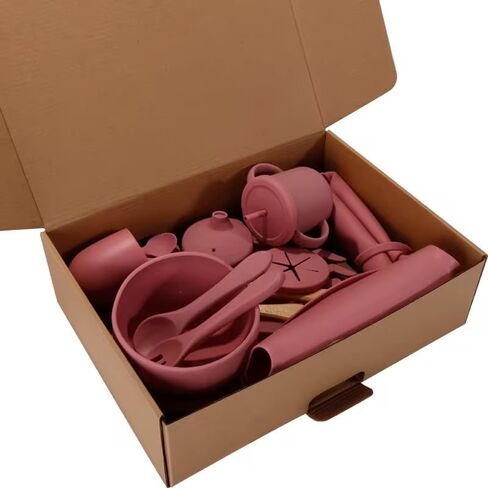 مجموعة فطام من طراز Silicone Baby Feeding مجموعة من 15 قطعة خالية من BPA لمدة 6 أشهر-لوحة شفط الفيل ، وعاء ، شوك ، ملاعق ، مريلة ، كوب ، أغطية ، Teether & More-هدية Kraft Box-REGISTION REGISTY Blue Gray in Kuwait