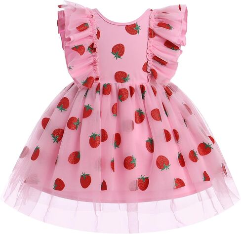 IMEKIS Toddler Girl Birthday Dress Sparkly Strawberry Tulle Party Ruffle Sleeve Dresses Cake Smash Photo Shoot 1-8T in Saudi Arabia