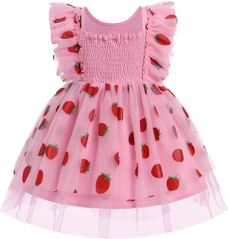 IMEKIS Toddler Girl Birthday Dress Sparkly Strawberry Tulle Party Ruffle Sleeve Dresses Cake Smash Photo Shoot 1-8T in Saudi Arabia