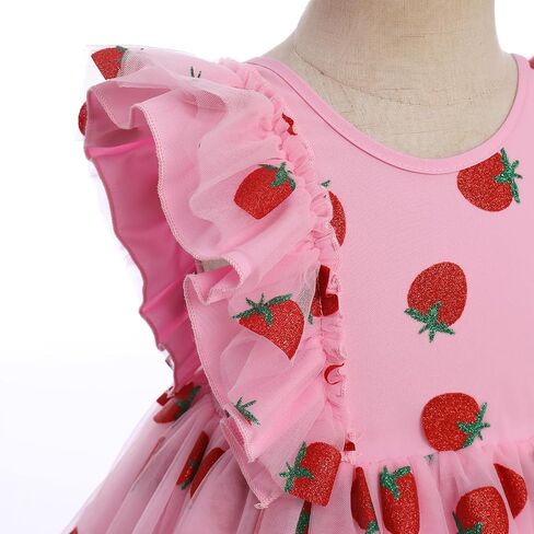 IMEKIS Toddler Girl Birthday Dress Sparkly Strawberry Tulle Party Ruffle Sleeve Dresses Cake Smash Photo Shoot 1-8T in Saudi Arabia