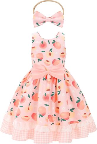 Obeeii Toddler Girls Cow/Strawberry/Bee/Peach Print Bruck Dress Dress Dressal Birthdy Party Tutu مع عصابة الرأس in Kuwait