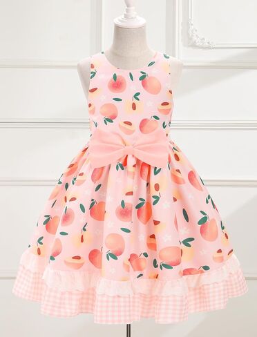 Obeeii Toddler Girls Cow/Strawberry/Bee/Peach Print Bruck Dress Dress Dressal Birthdy Party Tutu مع عصابة الرأس in Kuwait