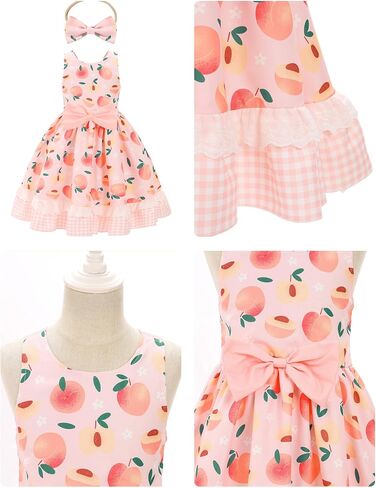 Obeeii Toddler Girls Cow/Strawberry/Bee/Peach Print Bruck Dress Dress Dressal Birthdy Party Tutu مع عصابة الرأس in Kuwait