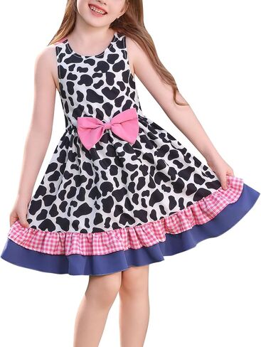 Obeeii Toddler Girls Cow/Strawberry/Bee/Peach Print Bruck Dress Dress Dressal Birthdy Party Tutu مع عصابة الرأس in Kuwait