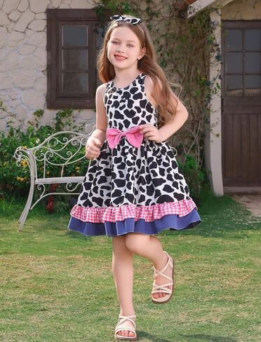 Obeeii Toddler Girls Cow/Strawberry/Bee/Peach Print Bruck Dress Dress Dressal Birthdy Party Tutu مع عصابة الرأس in Kuwait
