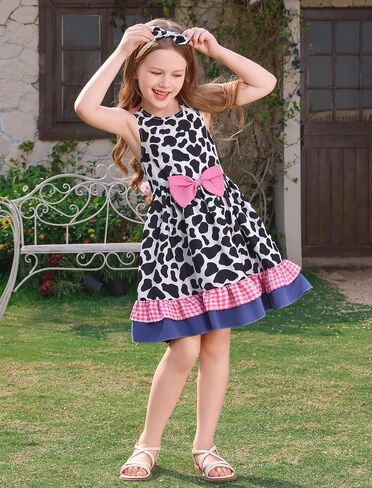 Obeeii Toddler Girls Cow/Strawberry/Bee/Peach Print Bruck Dress Dress Dressal Birthdy Party Tutu مع عصابة الرأس in Kuwait