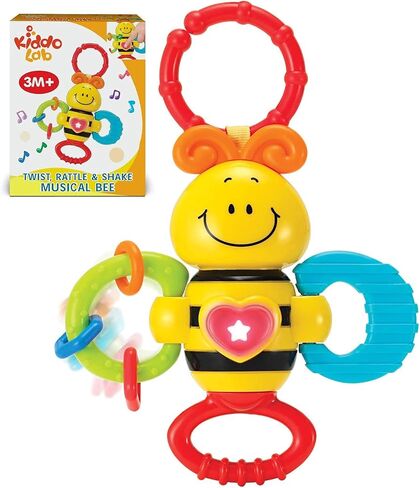 KiddoLab Twist & Rattle Musical Bee Light-Up Toy and Teething Ring for Toddlers - Sensory Chew and Fine Motor Skills Toy for Newborn - Baby Rattle and Teething Toys for 3+ Months Babies in Saudi Arabia