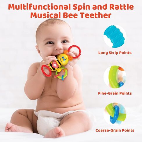 KiddoLab Twist & Rattle Musical Bee Light-Up Toy and Teething Ring for Toddlers - Sensory Chew and Fine Motor Skills Toy for Newborn - Baby Rattle and Teething Toys for 3+ Months Babies in Saudi Arabia