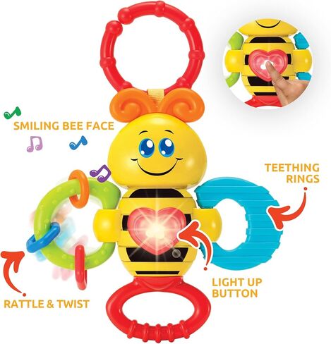 KiddoLab Twist & Rattle Musical Bee Light-Up Toy and Teething Ring for Toddlers - Sensory Chew and Fine Motor Skills Toy for Newborn - Baby Rattle and Teething Toys for 3+ Months Babies in Saudi Arabia